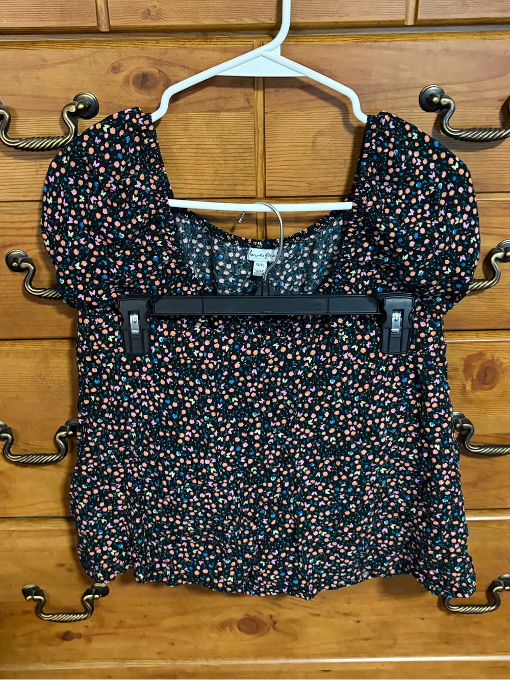 love, Fire Black Floral Puff Sleeve Crop Top & Skirt with Pink & Orange Dots